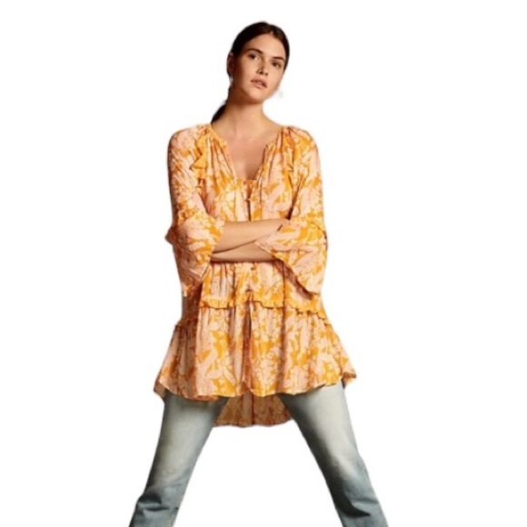 Anthropologie Mia Tiered 3/4 Sleeve Button Front Yellow Floral Ruffled Tunic Top - Picture 2 of 9